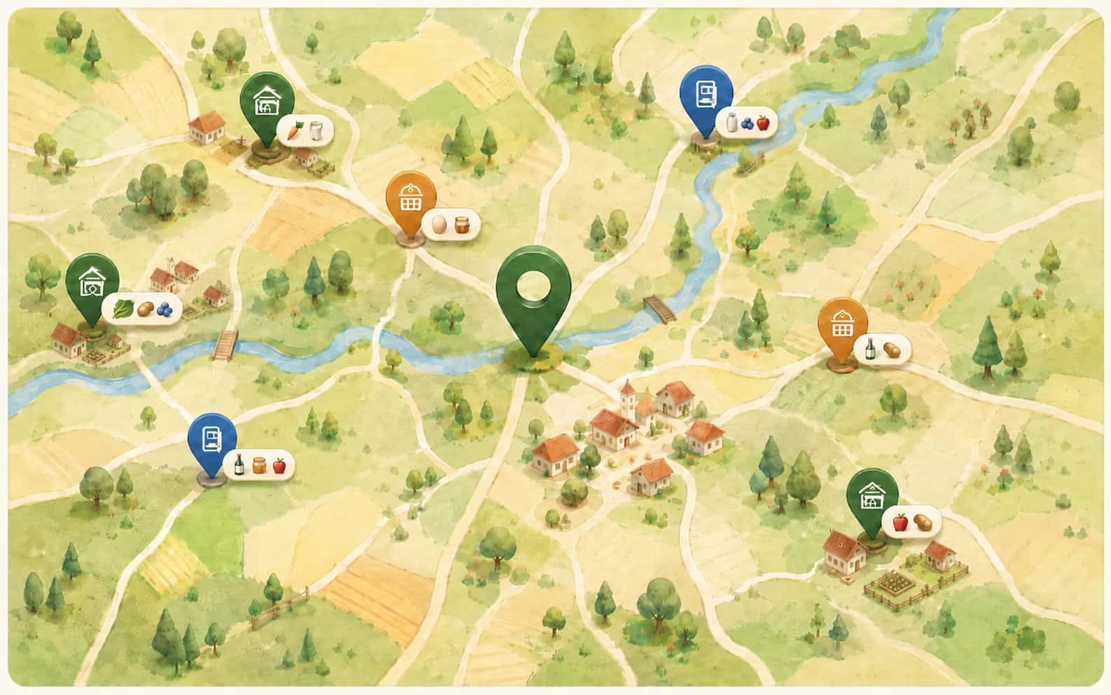 Illustrierte regionale Karte mit Höfen, Pins und regionalen Produkten