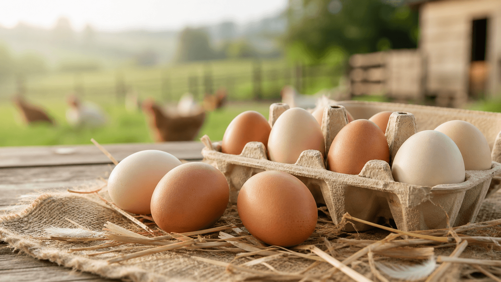Frische Eier in einem Karton auf einem regionalen Hof