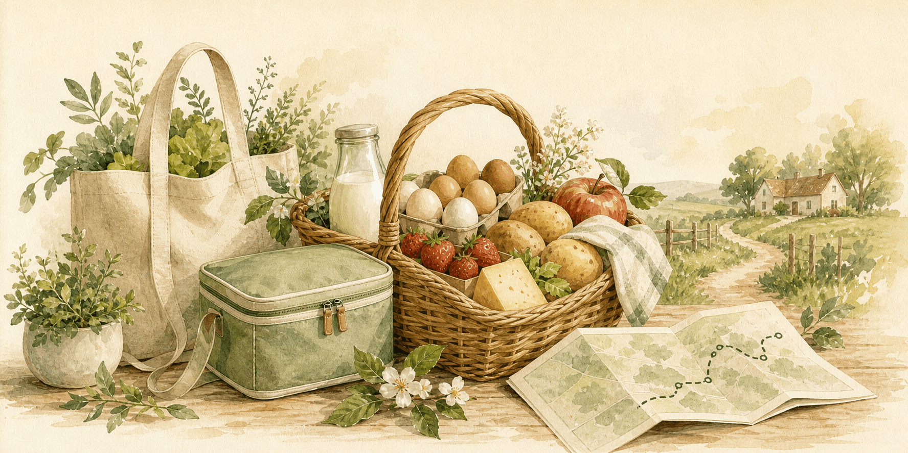Aquarellillustration mit Einkaufskorb, Kühltasche, regionalen Produkten und Ausflugskarte
