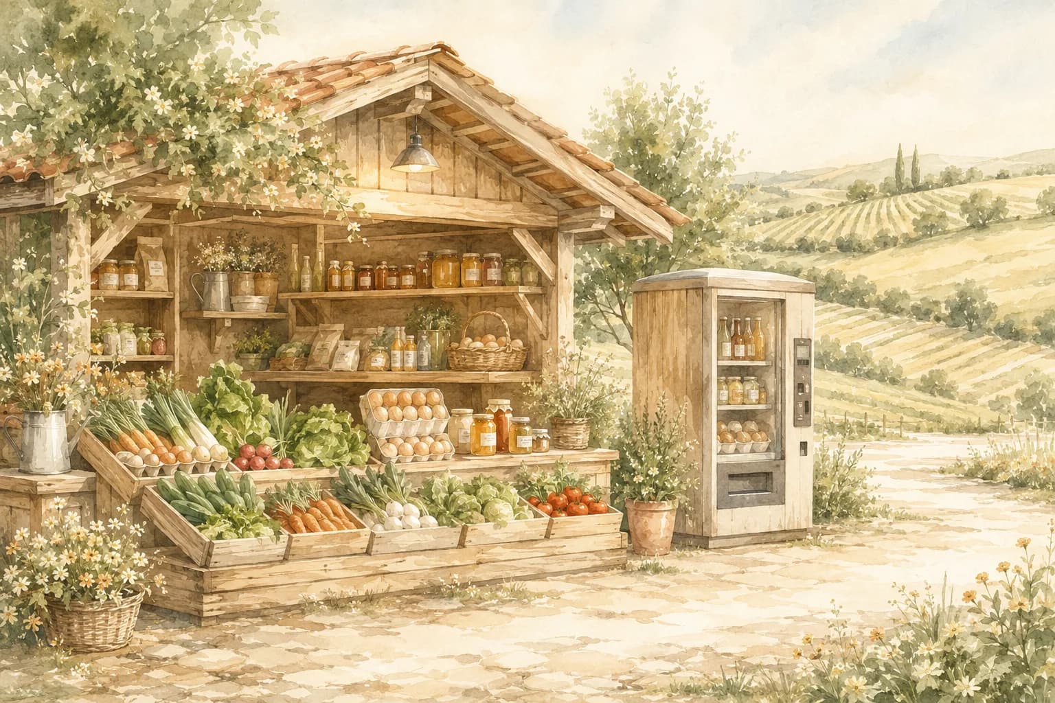 Aquarellillustration eines Hofladens mit regionalen Produkten und einem Verkaufsautomat