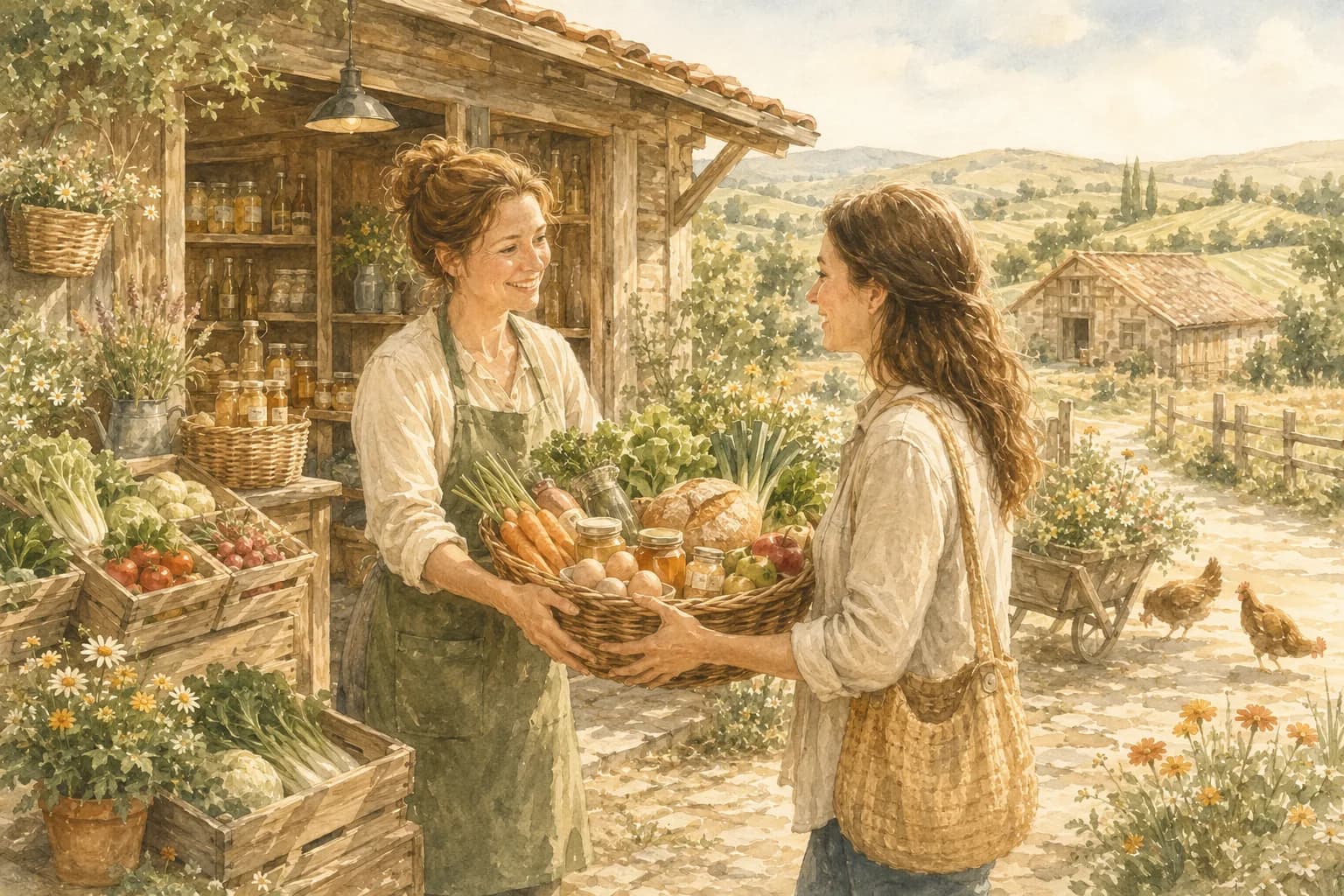 Aquarellillustration eines Hofladens mit regionalen Produkten, Erzeugerin und Kundin