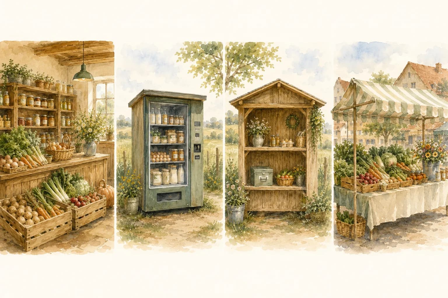 Aquarellillustration der Verkaufsarten: Hofladen, Verkaufsautomat, SB-Hütte und Wochenmarktstand nebeneinander