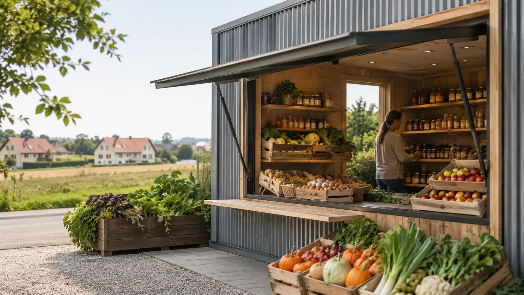 Wettergeschützte Selbstbedienungshütte mit regionalen Produkten am Feldrand