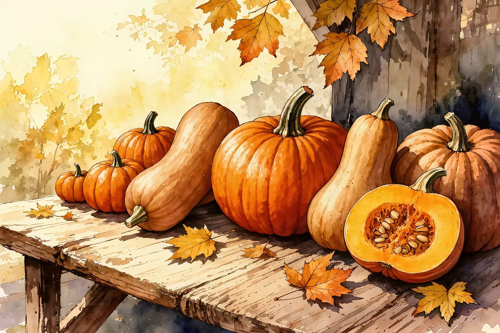 Aquarellillustration verschiedener Speisekürbisse wie Hokkaido, Butternut und Muskat auf einem Hoftisch