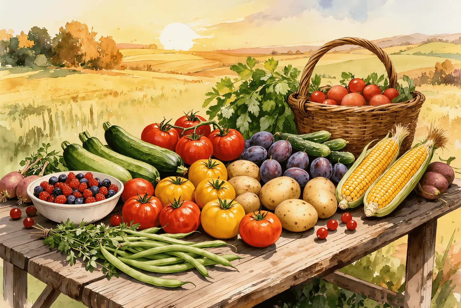 Aquarellillustration eines spätsommerlichen Hoftischs mit August-Ernte: Tomaten, Zucchini, Beeren, Zwetschgen und Kartoffeln