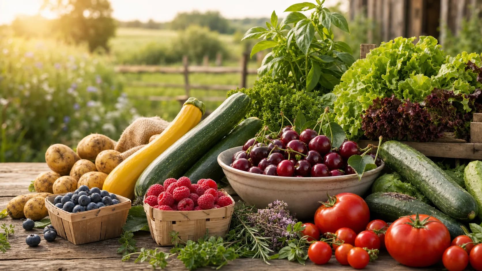 Sommerliche Juli-Ernte mit Kirschen, Beeren, Gemüse, Kräutern und Kartoffeln auf einem Hof-Tisch