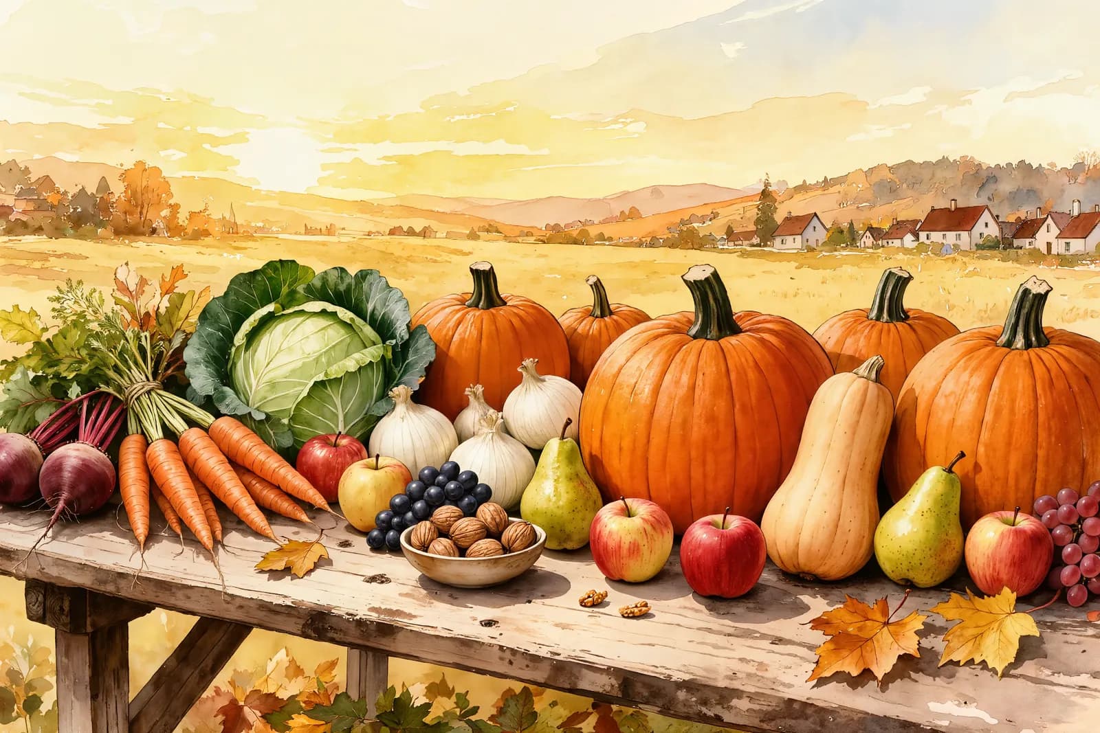 Aquarellillustration eines herbstlichen Hoftischs mit Oktober-Ernte: Kürbisse, Äpfel, Kohl, Wurzelgemüse und Nüsse