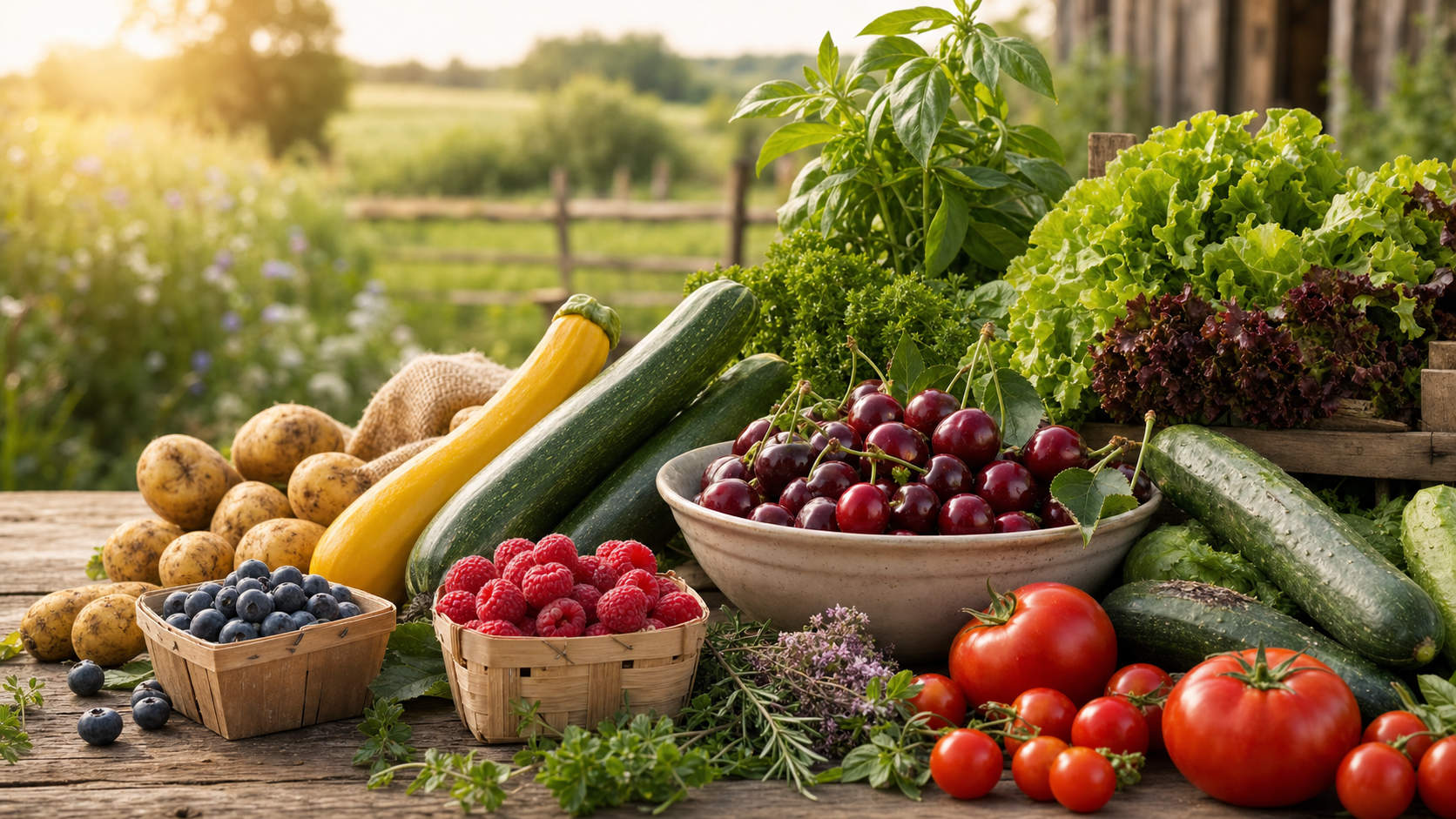 Sommerliche Juli-Ernte mit Kirschen, Beeren, Gemüse, Kräutern und Kartoffeln auf einem Hof-Tisch